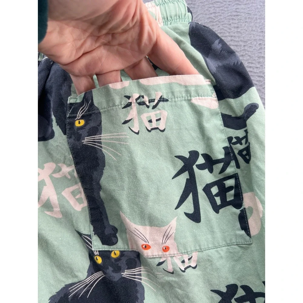 Kidoriman Pajama Pants Lounge Womens Sz M Green Cats Japanese Kanji Drawstring - Picture 10 of 14
